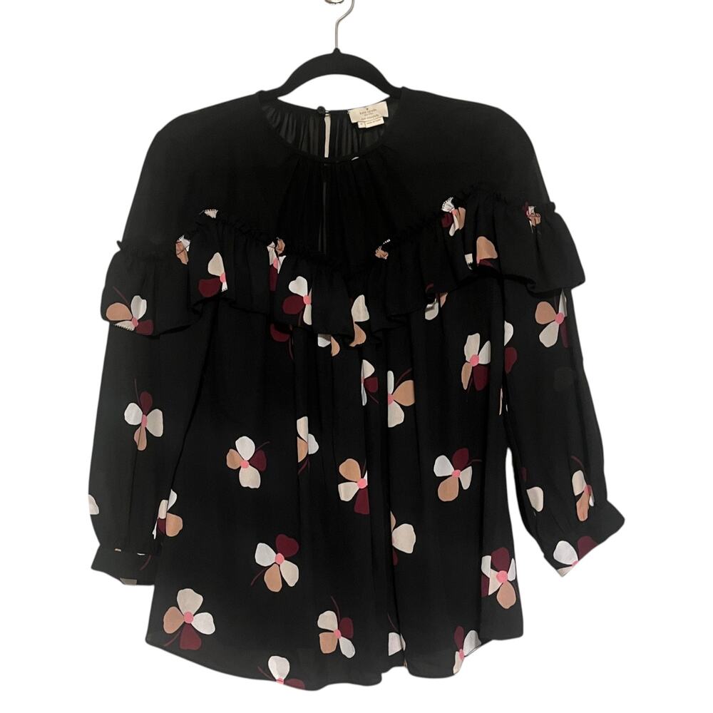 Kate Spade Dusk Buds Ruffle 3/4 Balloon Sleeve Floral Blouse Top Black Size S - Picture 2 of 7